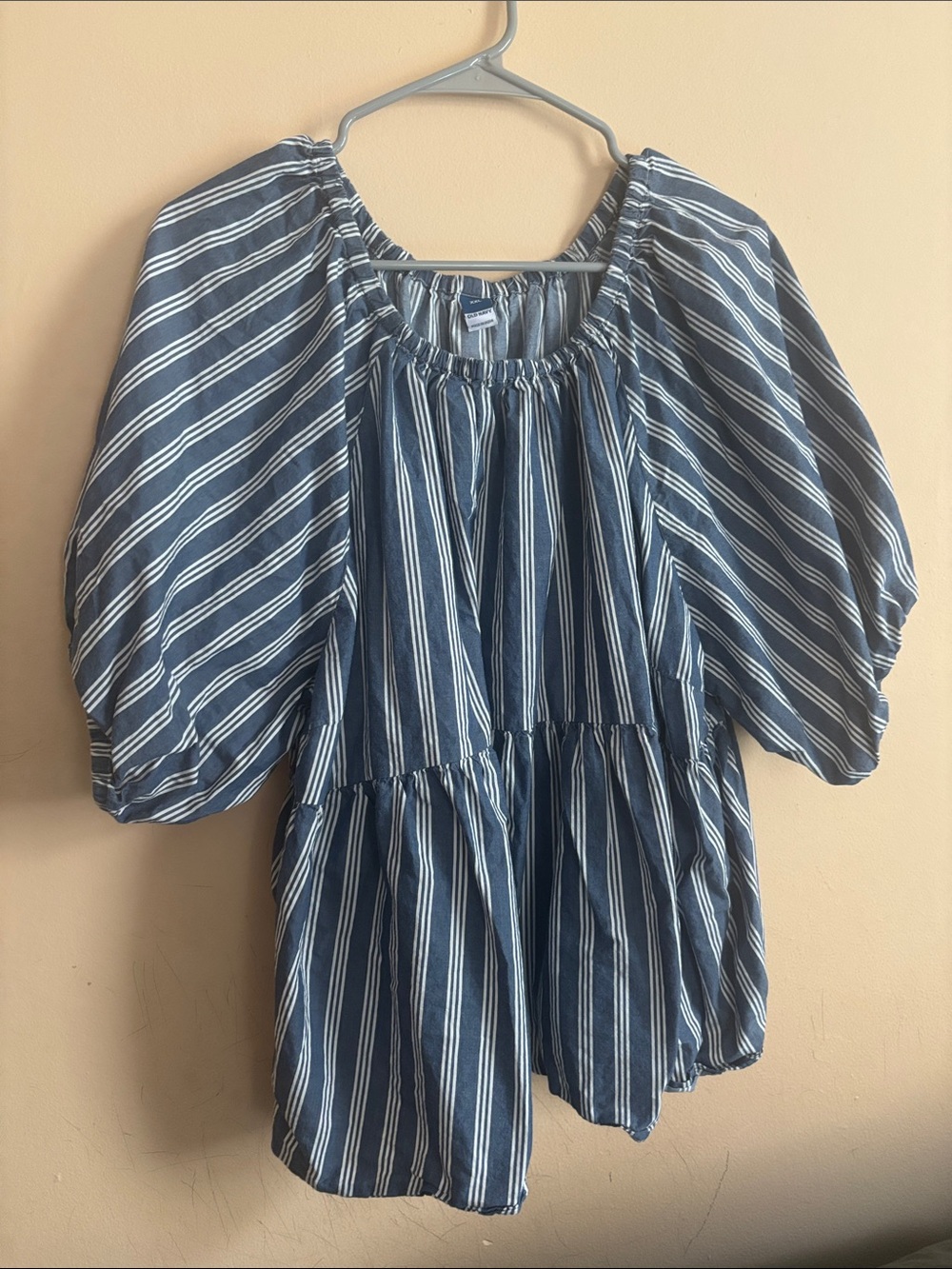 Striped Blue Puff Sleeve Peasant Top